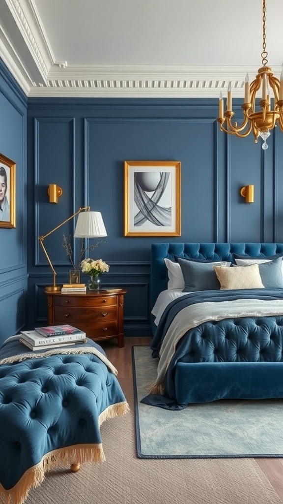 Chic blue bedroom with gold accents, featuring a tufted bed, elegant lighting, and stylish decor.