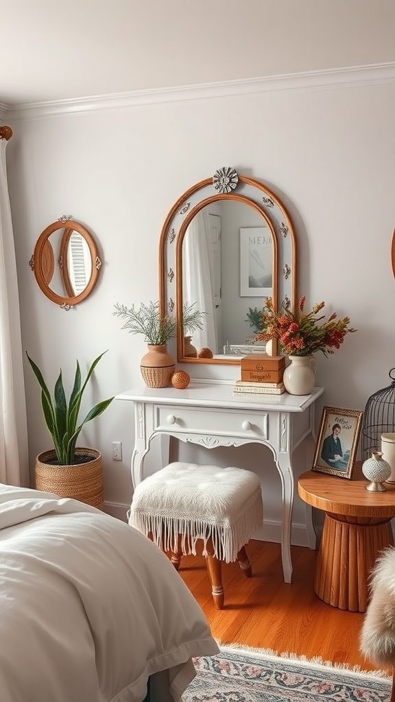 A cozy and stylish boudoir area featuring a white vanity, round mirrors, decorative plants, a plush ottoman, and a wooden side table.
