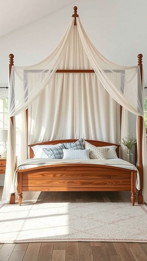 A cozy canopy bed with flowing drapes, warm wooden frame, and decorative pillows in a bright bedroom setting.