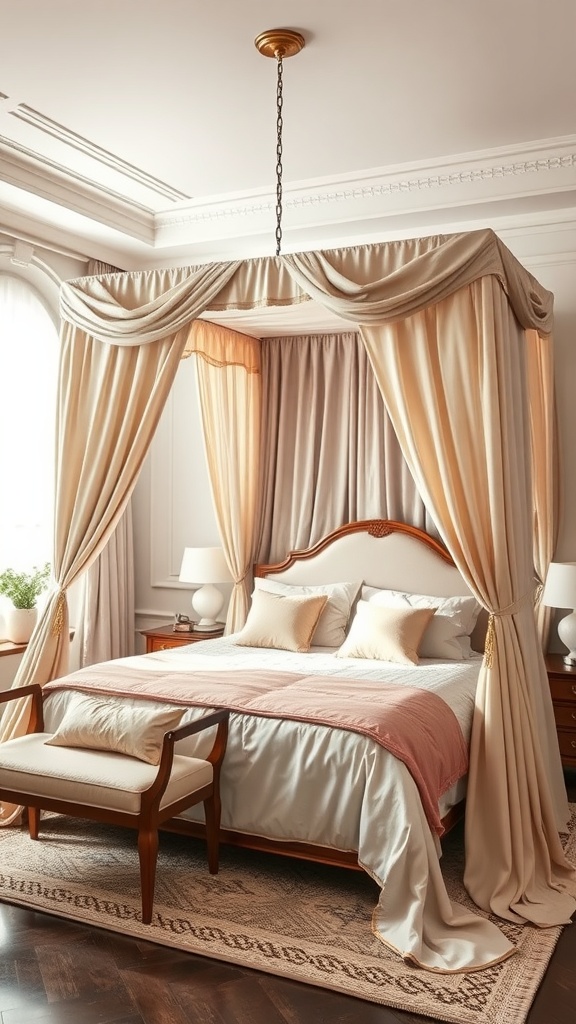 A serene boho bedroom featuring a canopy bed with elegant fabrics in soft tones.