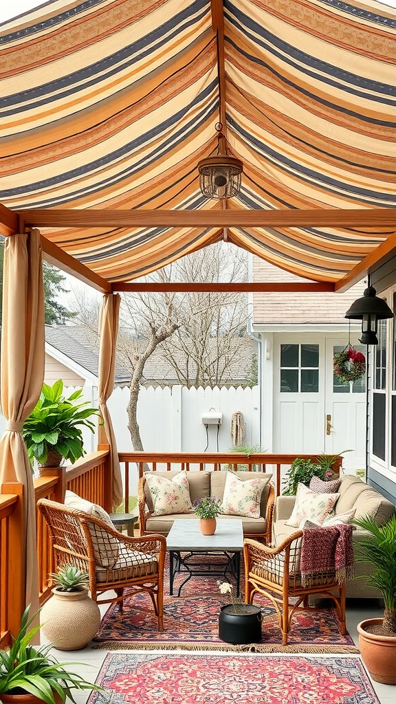 A cozy boho back porch featuring a stylish canopy, inviting seating, and decorative plants.