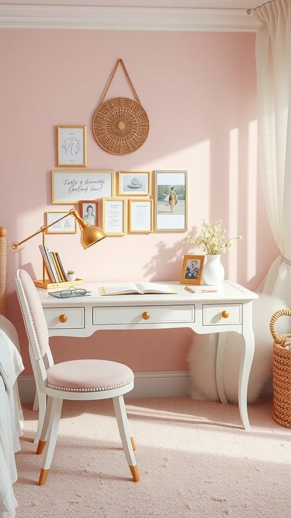 A chic desk space in a feminine bedroom featuring a white desk, pink chair, and framed artwork on a soft pink wall.