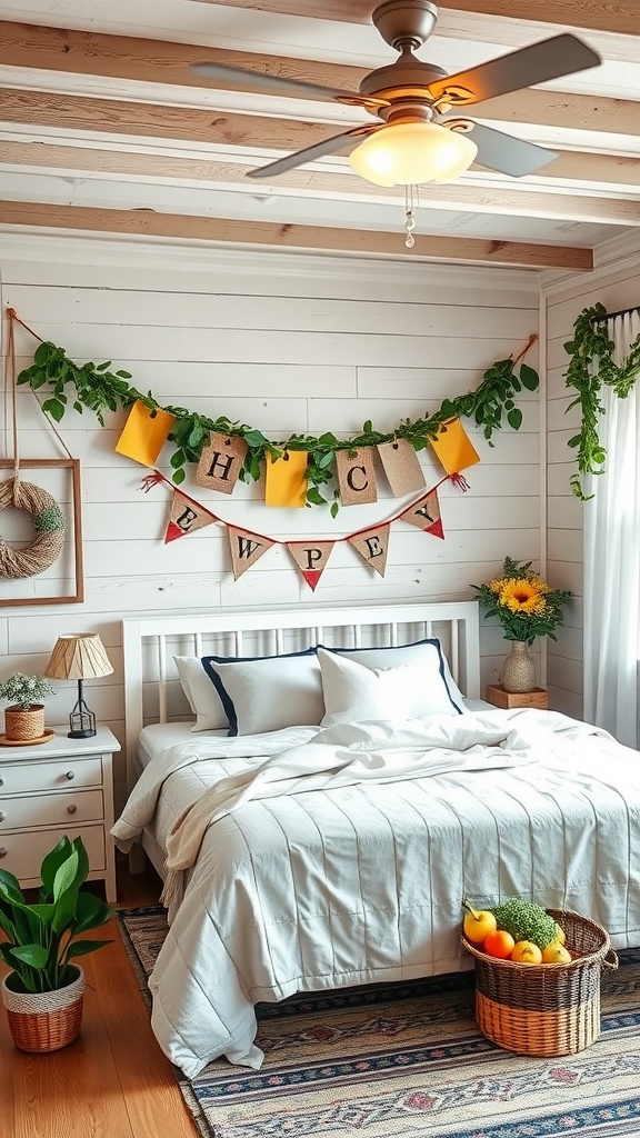 A cozy farmhouse glam bedroom featuring chic garlands and banners with greenery and colorful fabric.