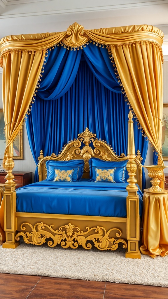 Chic gold canopy bed with blue drapery and bedding