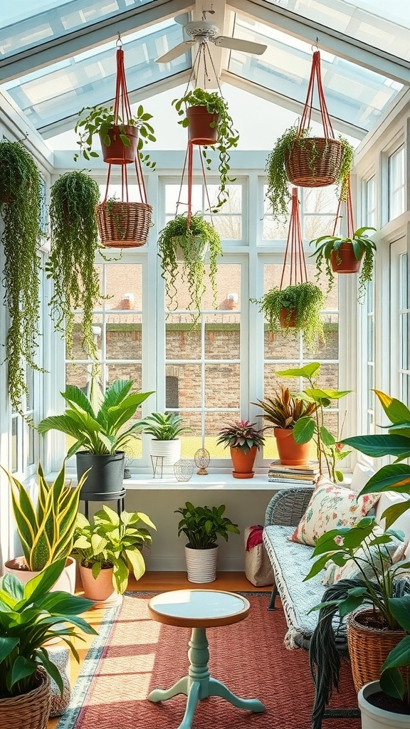A bright sunroom filled with hanging plants and various indoor plants, creating a lush and inviting atmosphere.