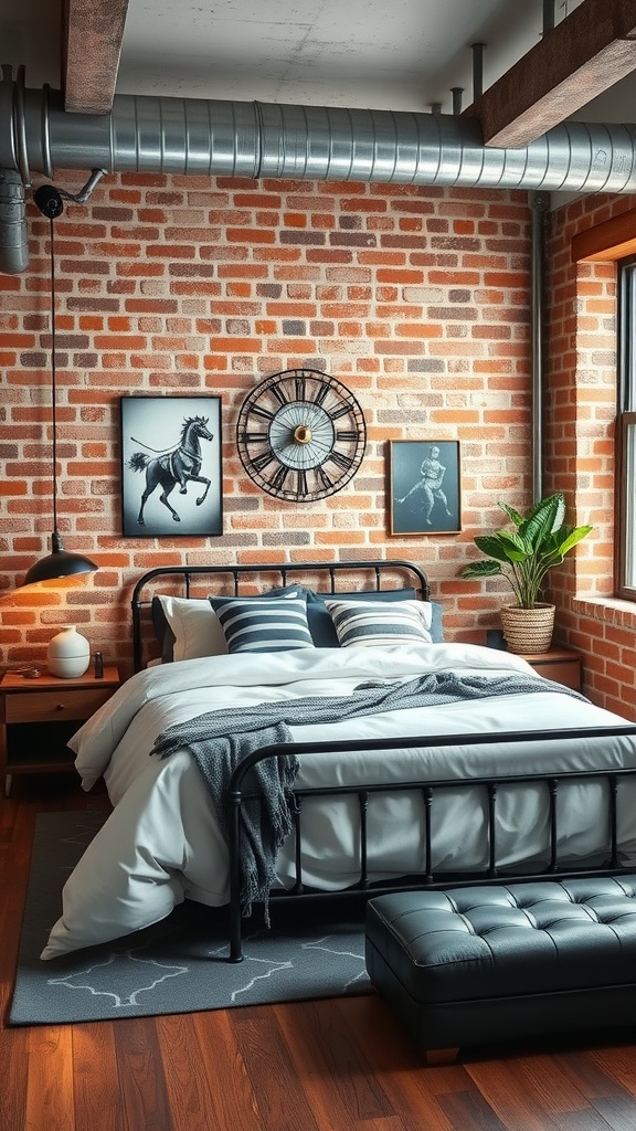 Chic industrial loft bedroom with brick walls and modern decor