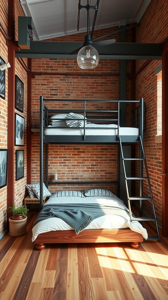 A stylish industrial loft bedroom featuring a lofted bed, exposed brick walls, and wooden flooring
