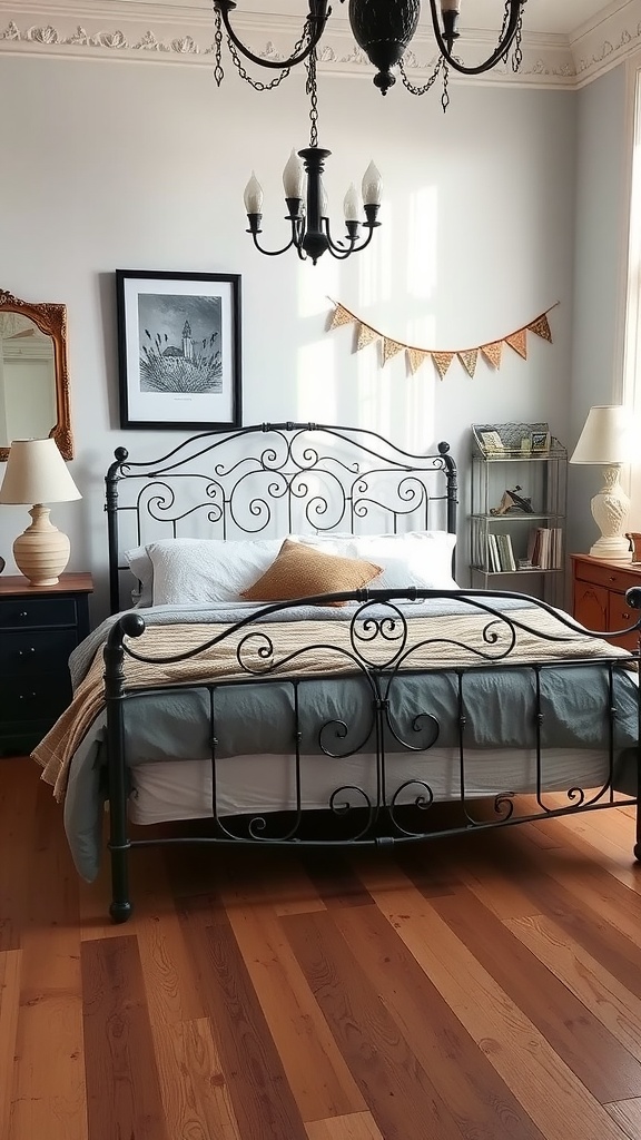 A chic iron bed frame in a farmhouse-style bedroom with soft bedding and warm wood flooring.