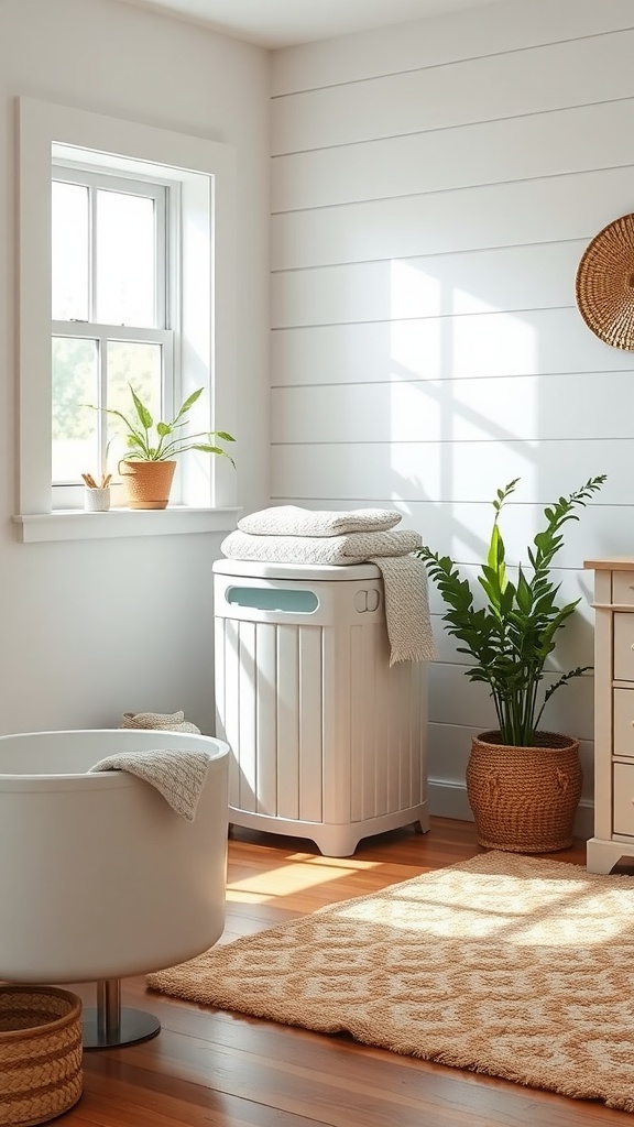 A well-decorated laundry area featuring a white laundry hamper, plants, and warm wooden flooring.