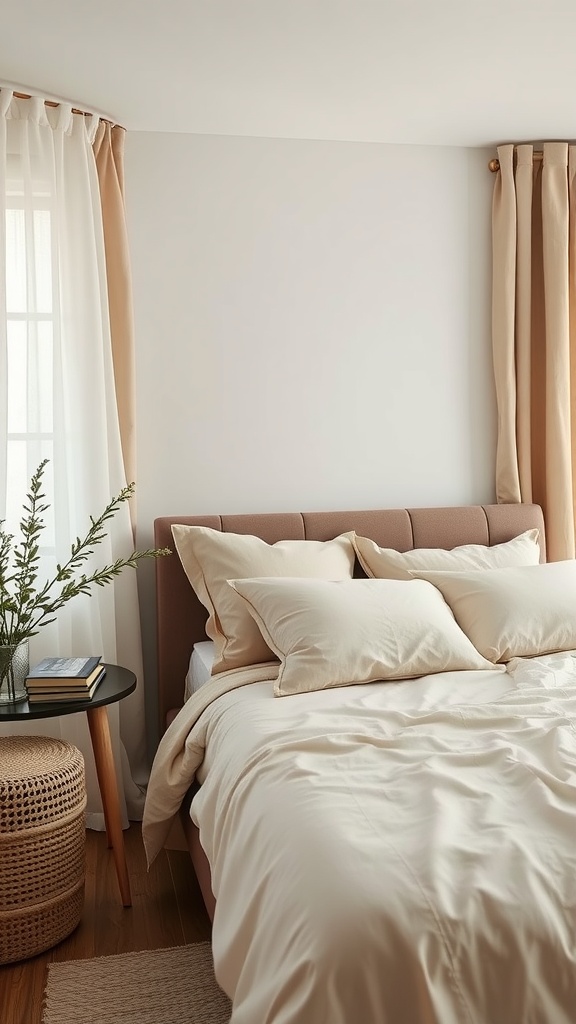 A cozy bedroom featuring a soft beige linen bedspread, plush pillows, minimalist decor, and natural light filtering through sheer curtains.