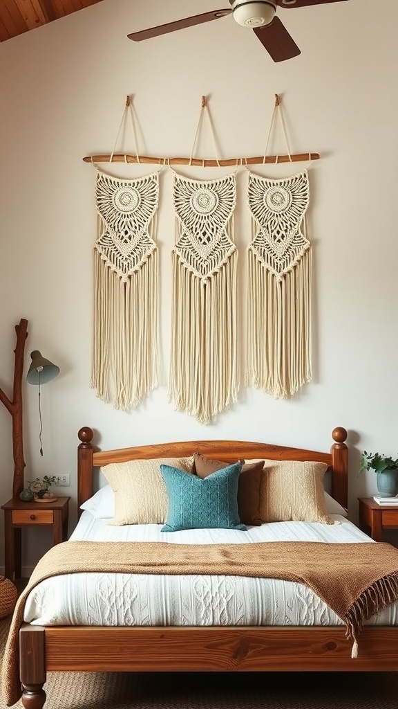 Three macrame wall hangings in a rustic boho style bedroom with a wooden bed.