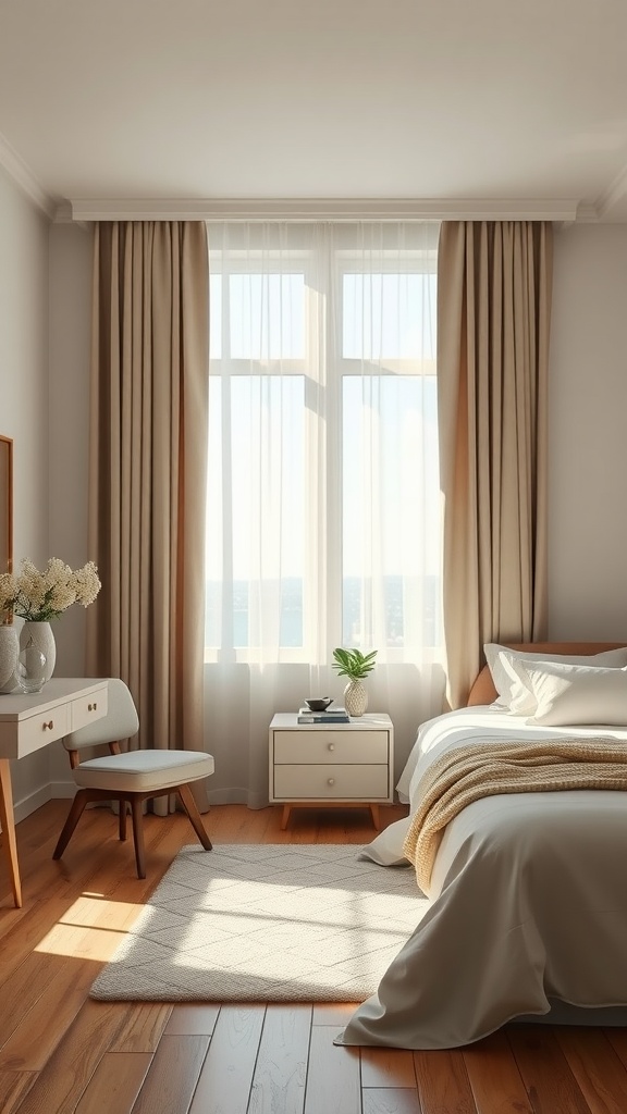 A minimalist feminine bedroom with soft light, neutral tones, and elegant decor.