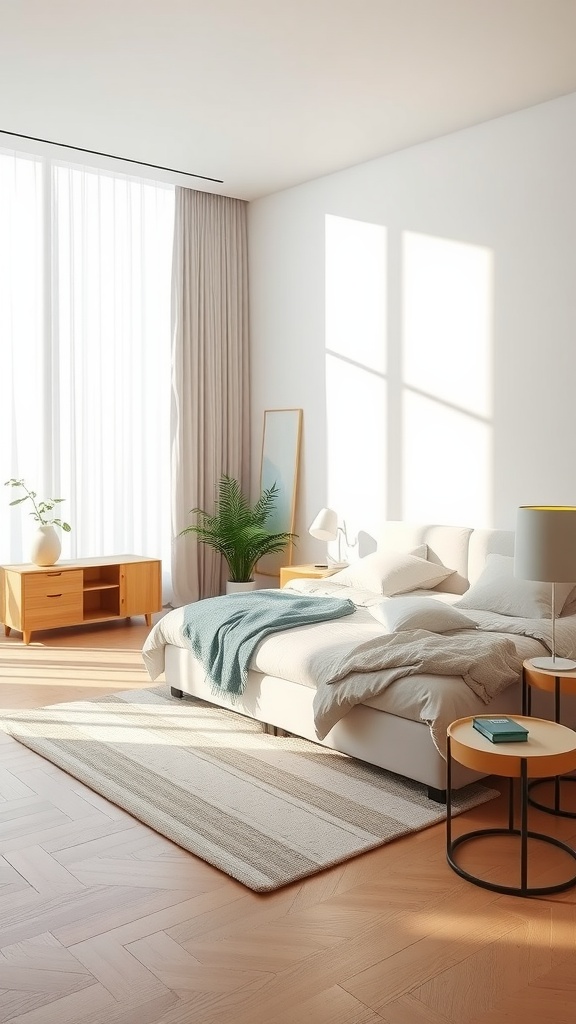 A bright and airy minimalist bedroom with a bed, wooden furniture, and a potted plant.