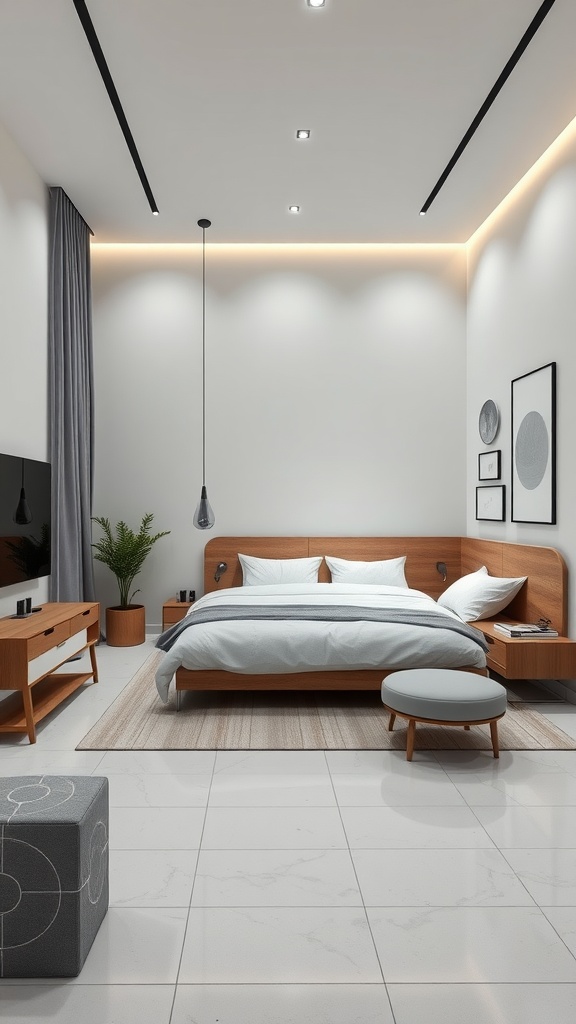 Chic modern minimalist bedroom with wooden furniture, soft bedding, and subtle lighting.