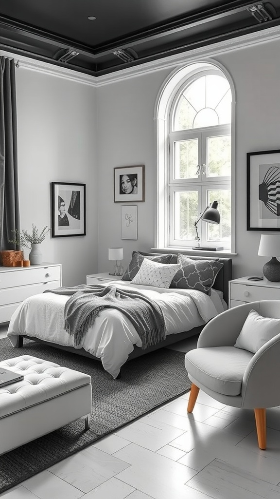 A stylish monochrome bedroom featuring gray walls, a black ceiling, white bedding, and modern furniture.