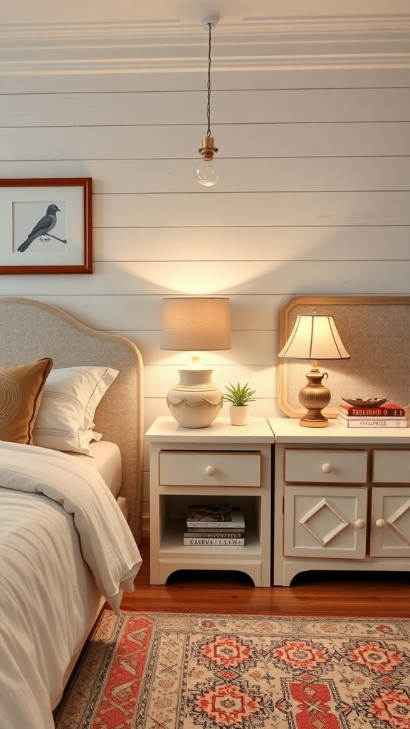 Chic nightstands in a farmhouse glam bedroom with decorative lamps and a cozy atmosphere.