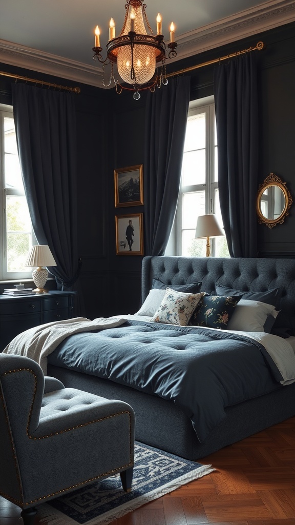 A dark and moody bedroom inspired by Parisian design, featuring a plush bed, elegant chandelier, and stylish decor.