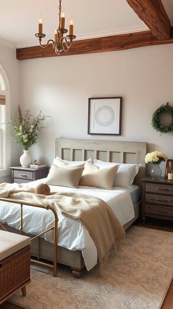 A charming farmhouse glam bedroom featuring a cozy bed, soft textures, wooden beams, and stylish decor.