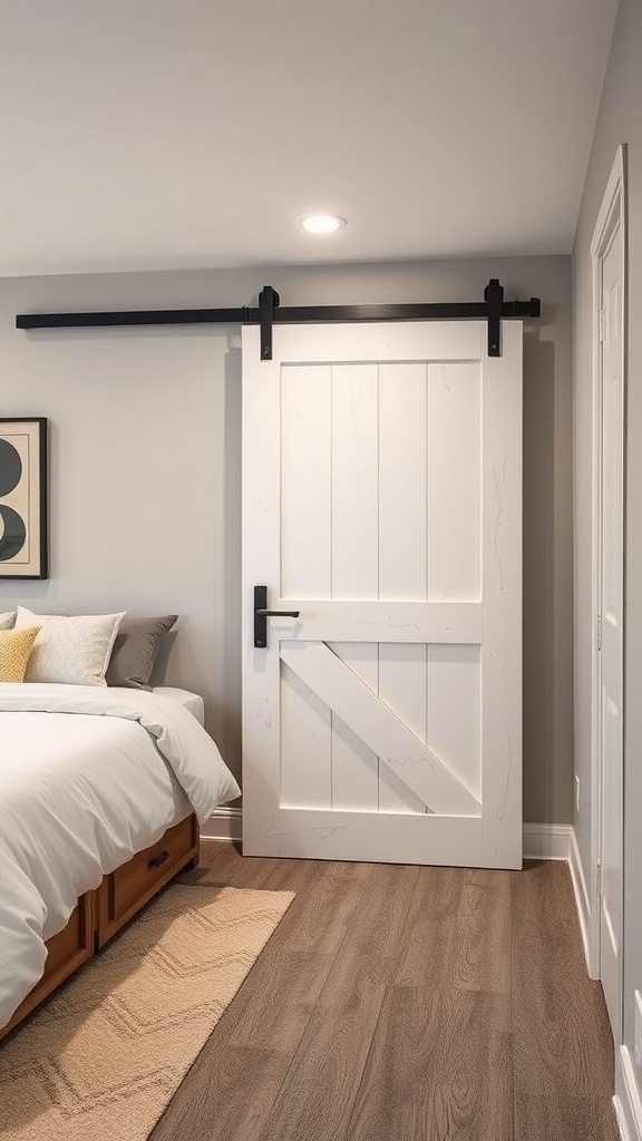 A chic sliding barn door in a farmhouse basement bedroom, featuring a white door with black hardware.