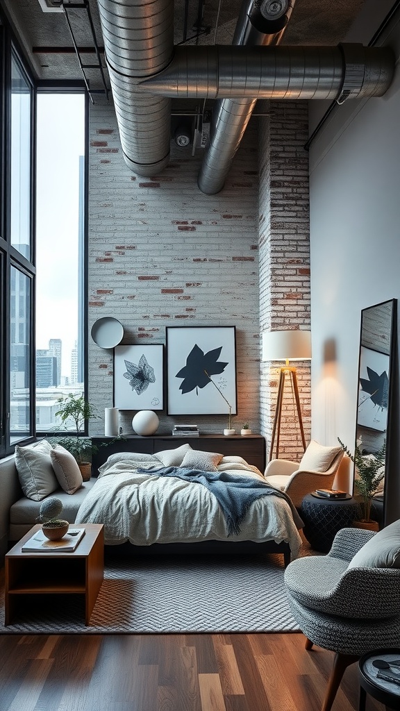 A stylish urban loft bedroom with cozy decor and large windows