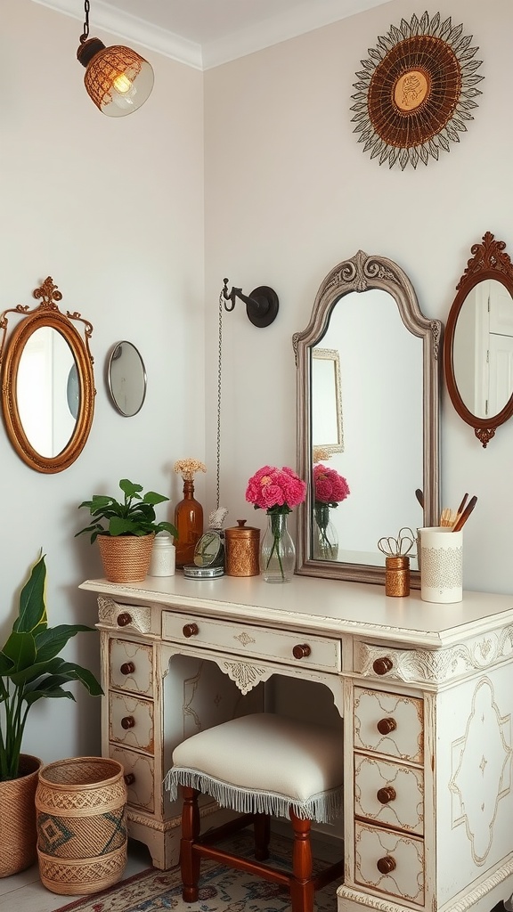 Chic vanity area in a cozy boho eclectic bedroom featuring mirrors, flowers, and a vintage vanity table.