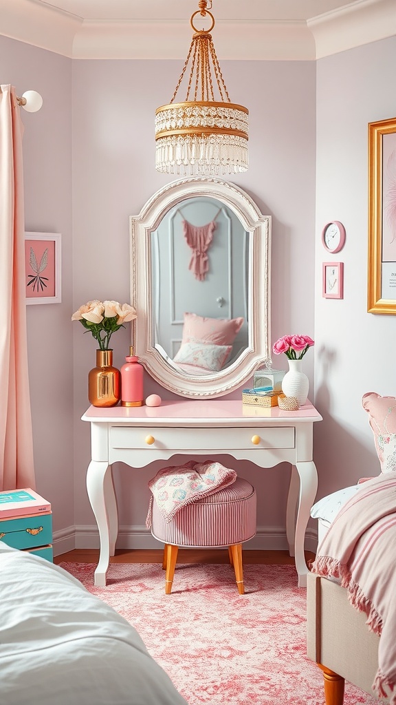 Chic vanity area in a girl's bedroom featuring a stylish table, mirror, and playful decor.