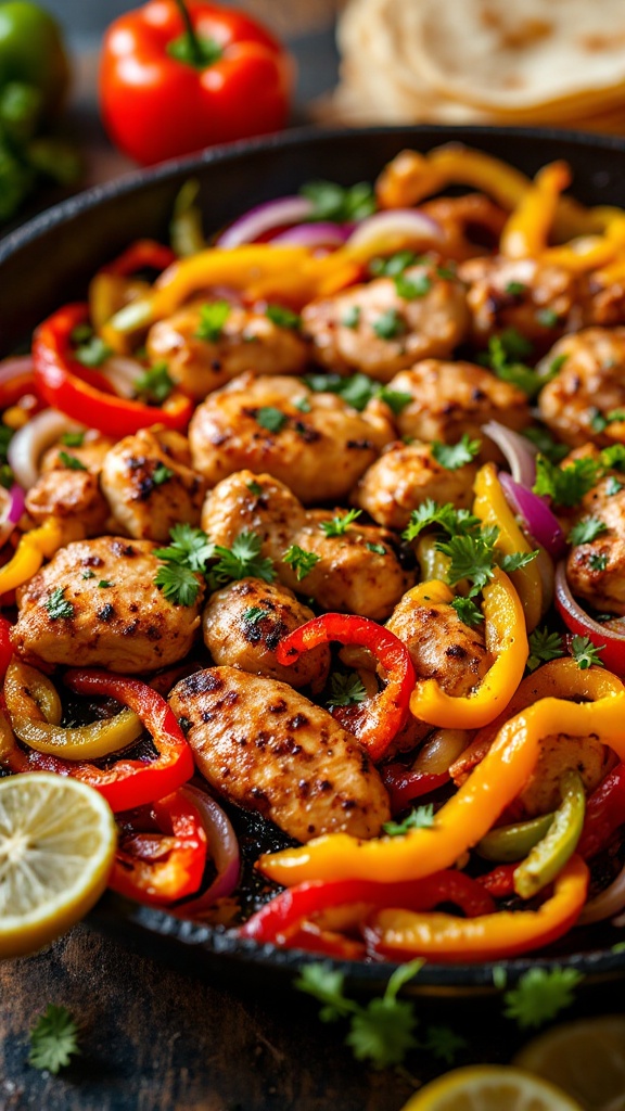 A plate of chicken fajitas with colorful bell peppers and onions, garnished with fresh herbs and lemon slices.