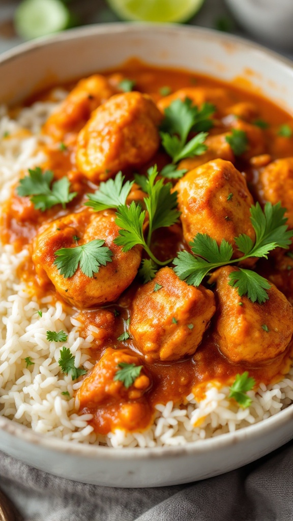 A bowl of chicken tikka masala served over basmati rice, garnished with fresh cilantro.