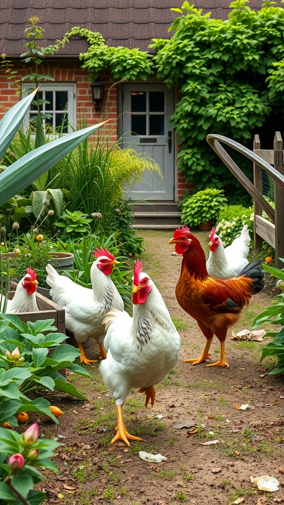 Chickens walking through a lush farmhouse garden with greenery and flowers.