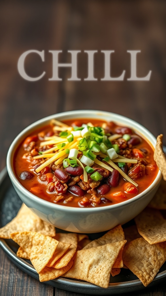 A bowl of chili con carne garnished with green onions and cheese, served with tortilla chips.
