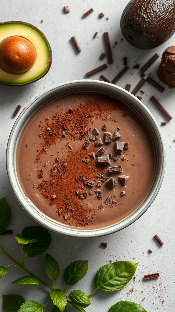 A delicious chocolate avocado smoothie topped with cocoa powder and chocolate pieces.