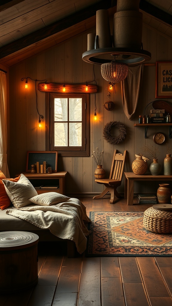 Cozy farmhouse bedroom featuring chocolate brown tones, warm lighting, and rustic decor.