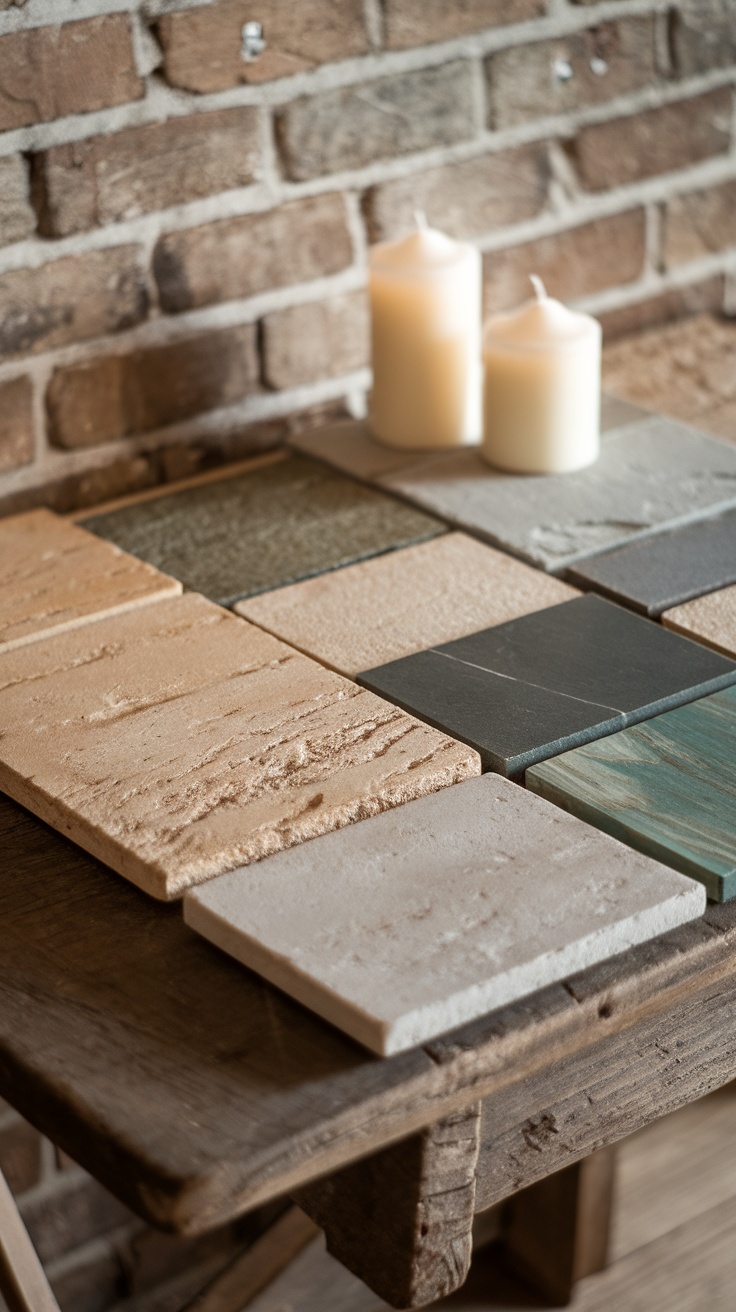 Natural rustic stone tiles for farmhouse kitchen flooring displayed on a wooden table