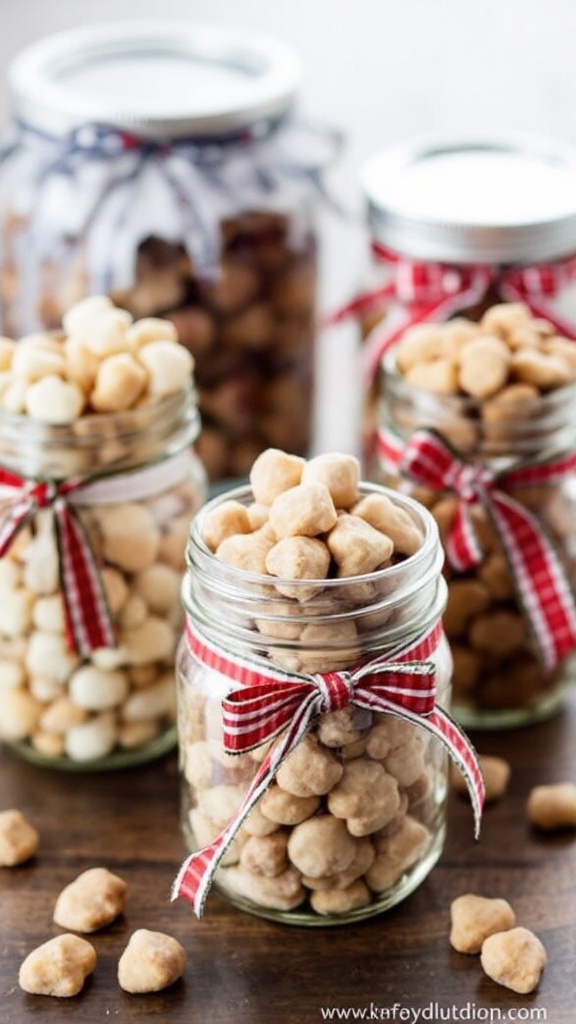 Jars filled with different treats, decorated with festive ribbons