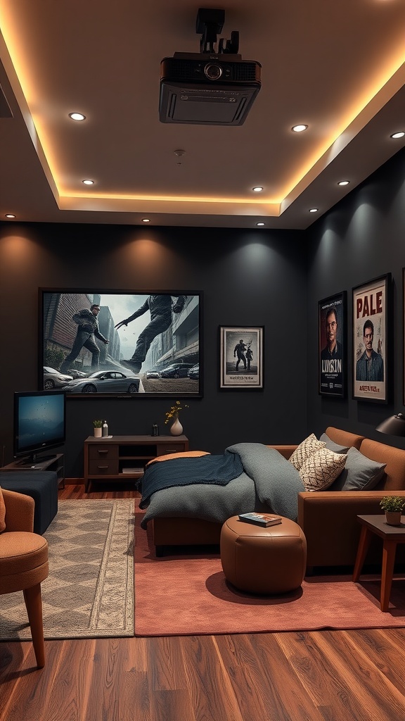 A cozy movie lounge with a projector, large screen, and comfortable seating, perfect for watching films.
