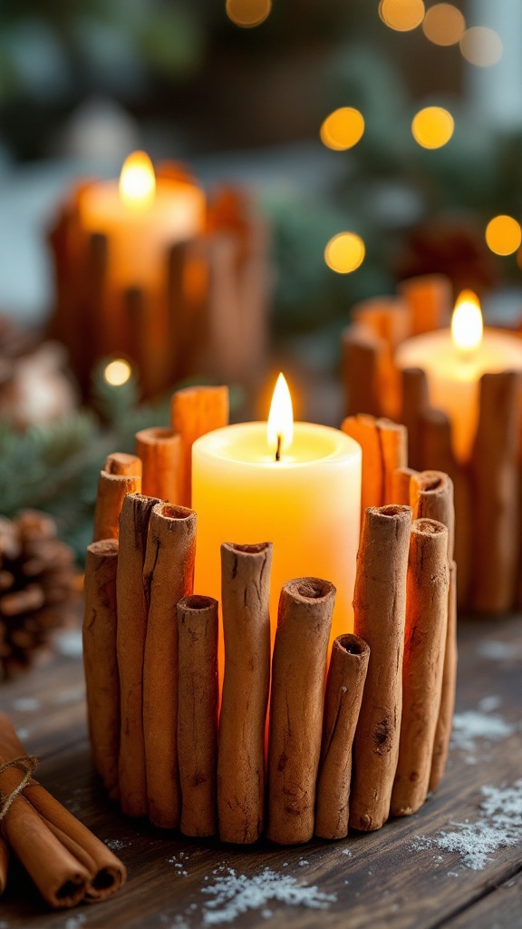 Cinnamon stick candle holders with lit candles surrounded by festive decor.