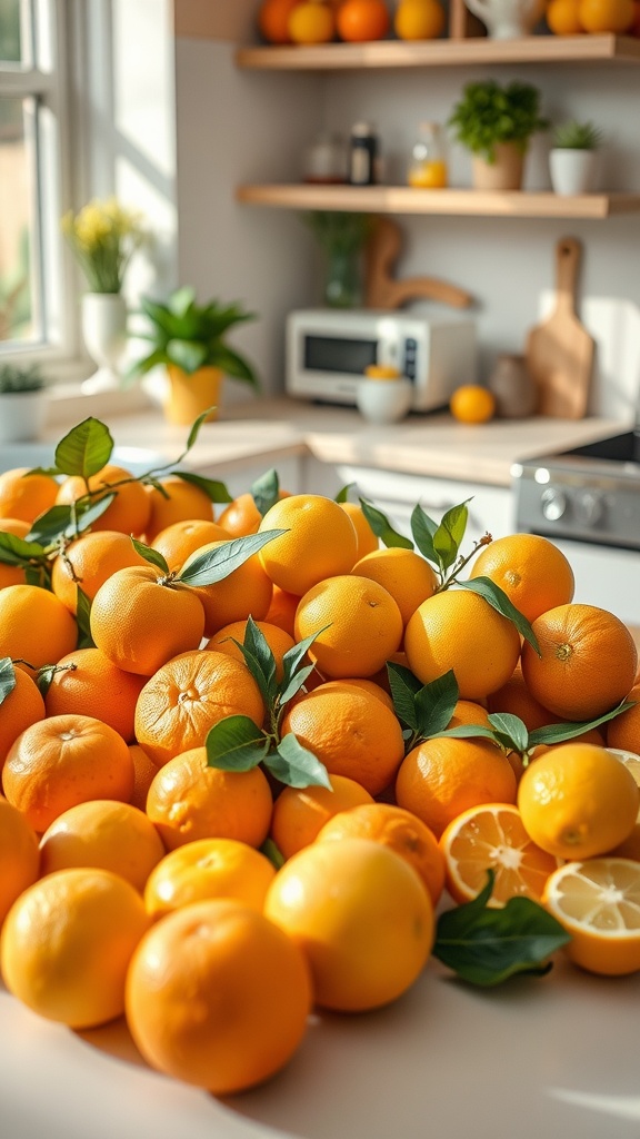 A variety of fresh oranges and lemons on a kitchen counter.