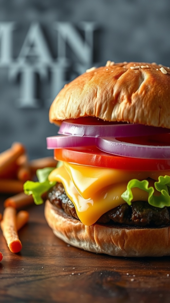 Classic American cheeseburger with cheese, lettuce, tomato, and onion on a sesame seed bun.