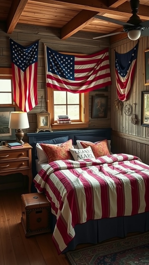 A bedroom featuring vintage flags on the wall, a striped quilt, and rustic decor.