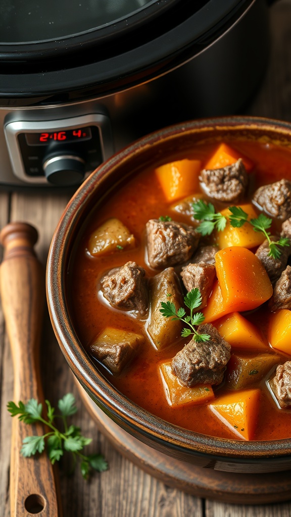 A hearty beef and vegetable stew in a bowl, with chunks of beef and colorful vegetables.