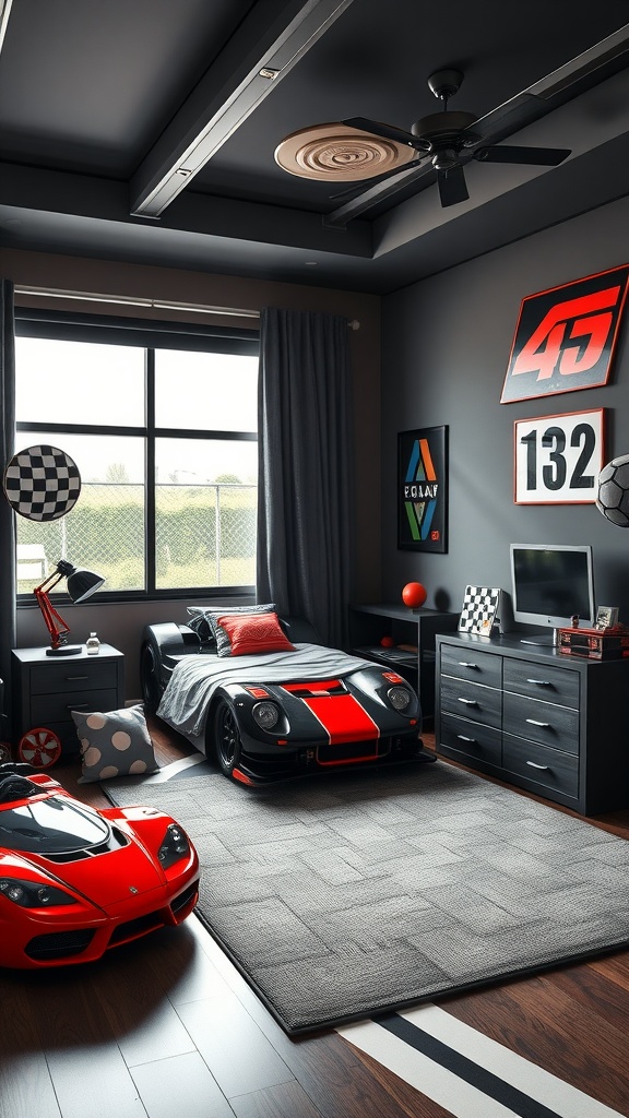 A teenage boy's bedroom featuring a classic black and red racer theme with car-shaped bed and racing decor.