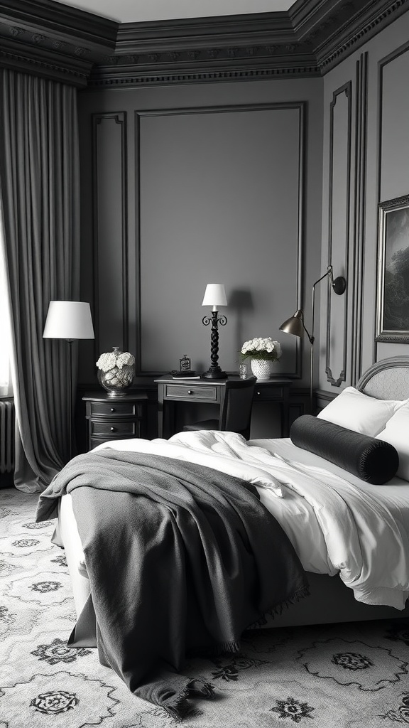 Elegant black and white teenage girl's bedroom with cozy bedding and stylish decor