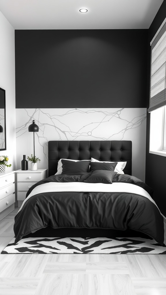 A stylish teenager bedroom featuring a black and white color scheme with a plush bed, contemporary decor, and a modern aesthetic.