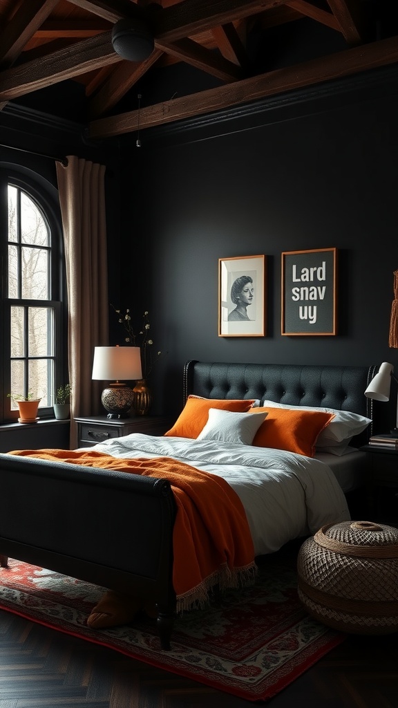 A cozy farmhouse bedroom featuring black walls, a black bed, and orange accents.