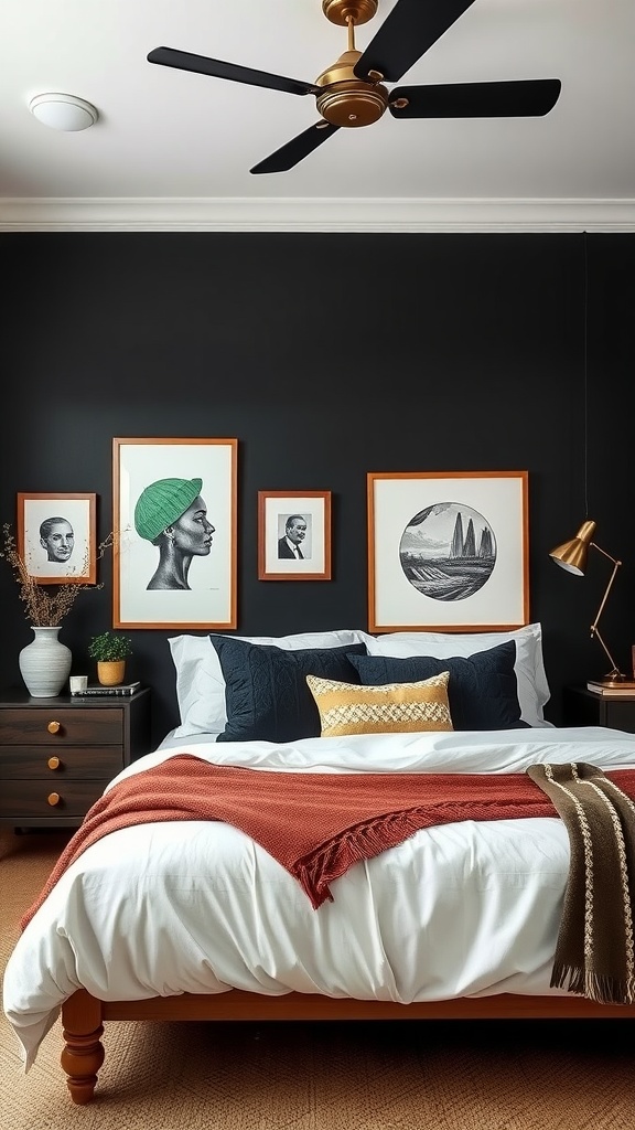 A cozy bedroom featuring a black accent wall with eclectic decor, framed artwork, and inviting bedding.