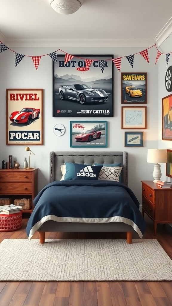 A boy's bedroom decorated with classic car posters and a cozy bed