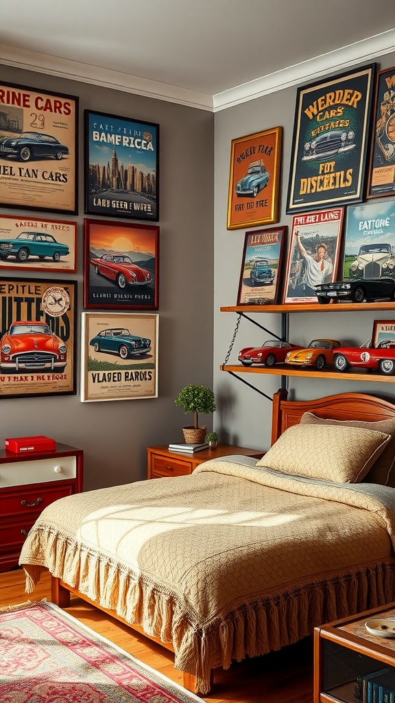 A boys bedroom designed for a classic car enthusiast, featuring vintage car posters, model cars on shelves, and a warm-toned bed.