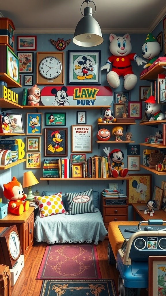 A colorful boy's bedroom with classic cartoon character decor, featuring plush toys and framed artwork.