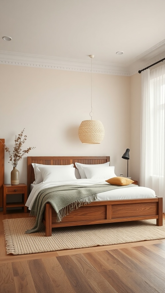A cozy bedroom with cream walls, wooden furniture, and rustic decor elements.