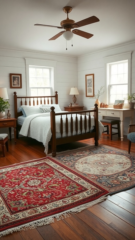 A cozy farmhouse bedroom featuring a classic red and cream rug alongside a patterned rug on wooden flooring.